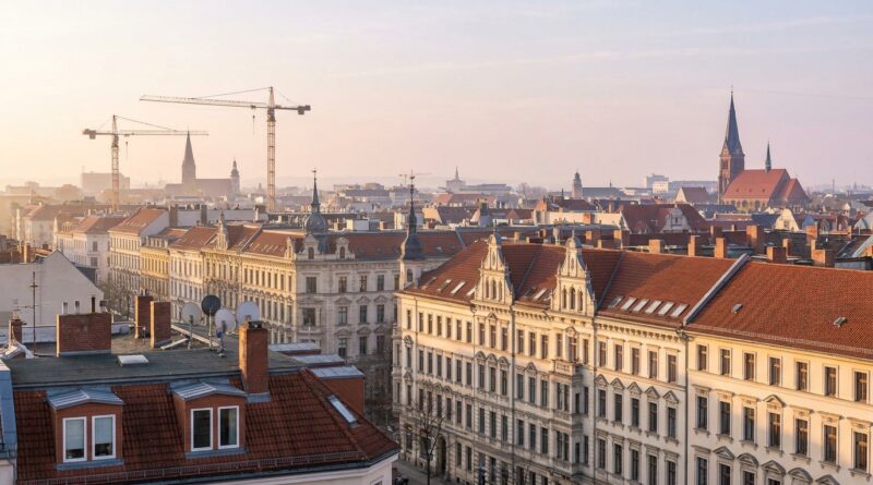 Blick über Leipziger Dächer mit Kränen im Hintergrund